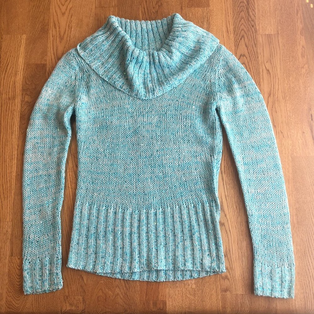 LEI Sequin Cowl Neck Sweater Blue Knit Shimmer Sparkle Medium